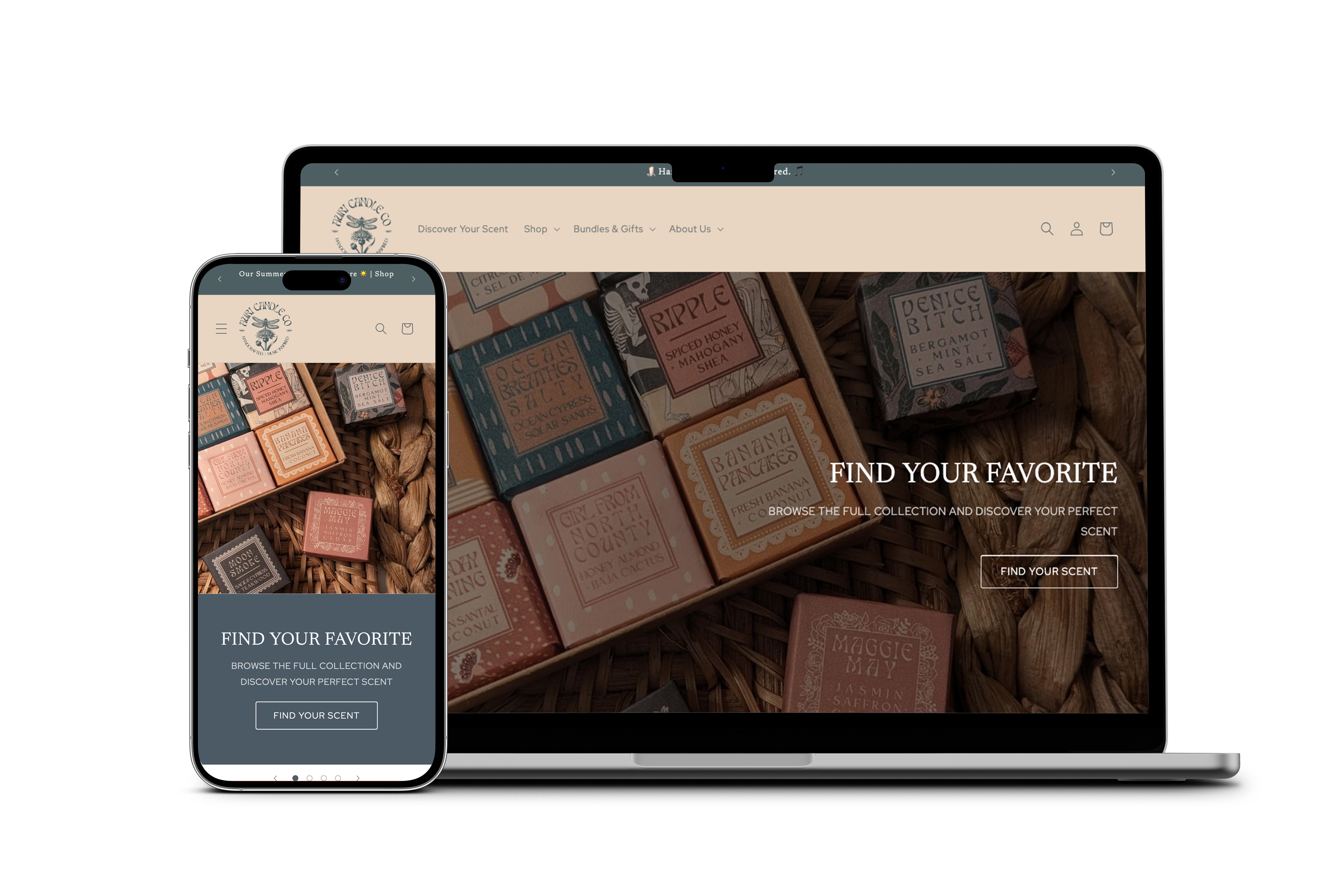 A laptop and mobile phone displaying Auri Candle Co. website