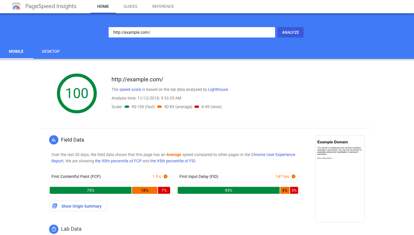 Screenshot of excellent Google PageSpeed insights
